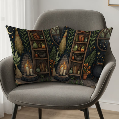 Cozy Witch Cottage with Cauldron and Candle Throw Pillows - Walk Greener