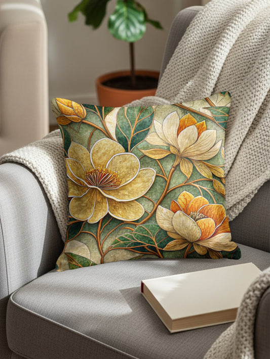Yellow Orange Floral Pattern Illustration Style Throw Pillows - Walk Greener