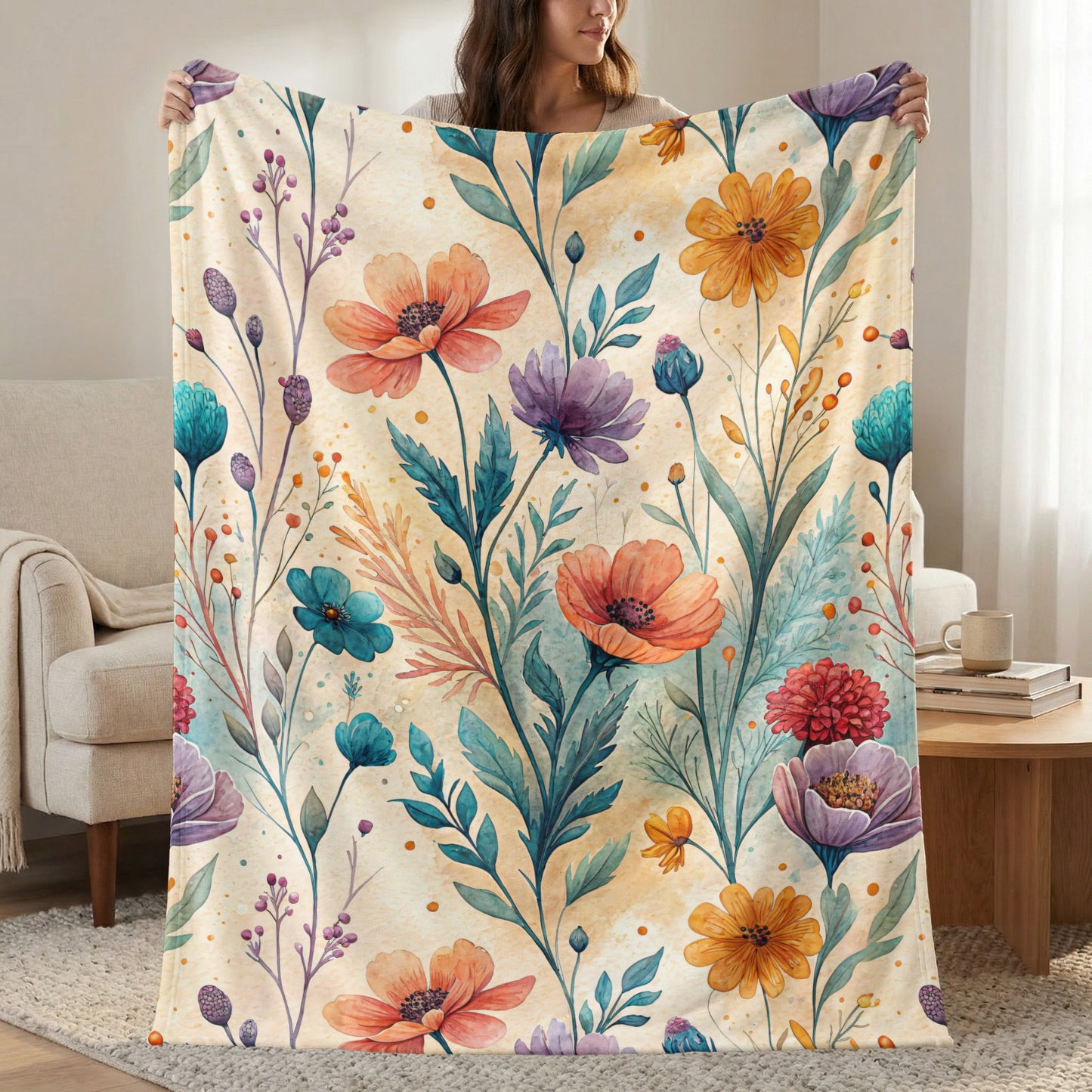 Watercolor Garden Floral Design on Velveteen Plush Blankets - Walk Greener