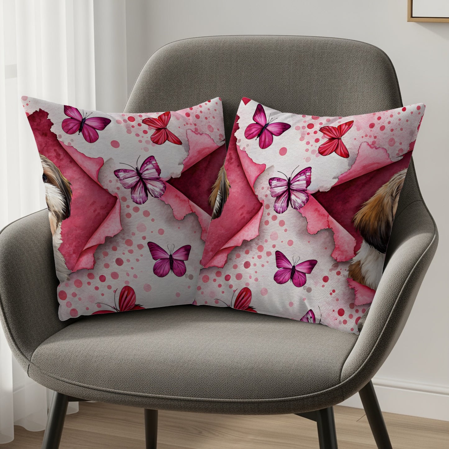 Pink Butterfly and Dog Print Decorative Pillow product