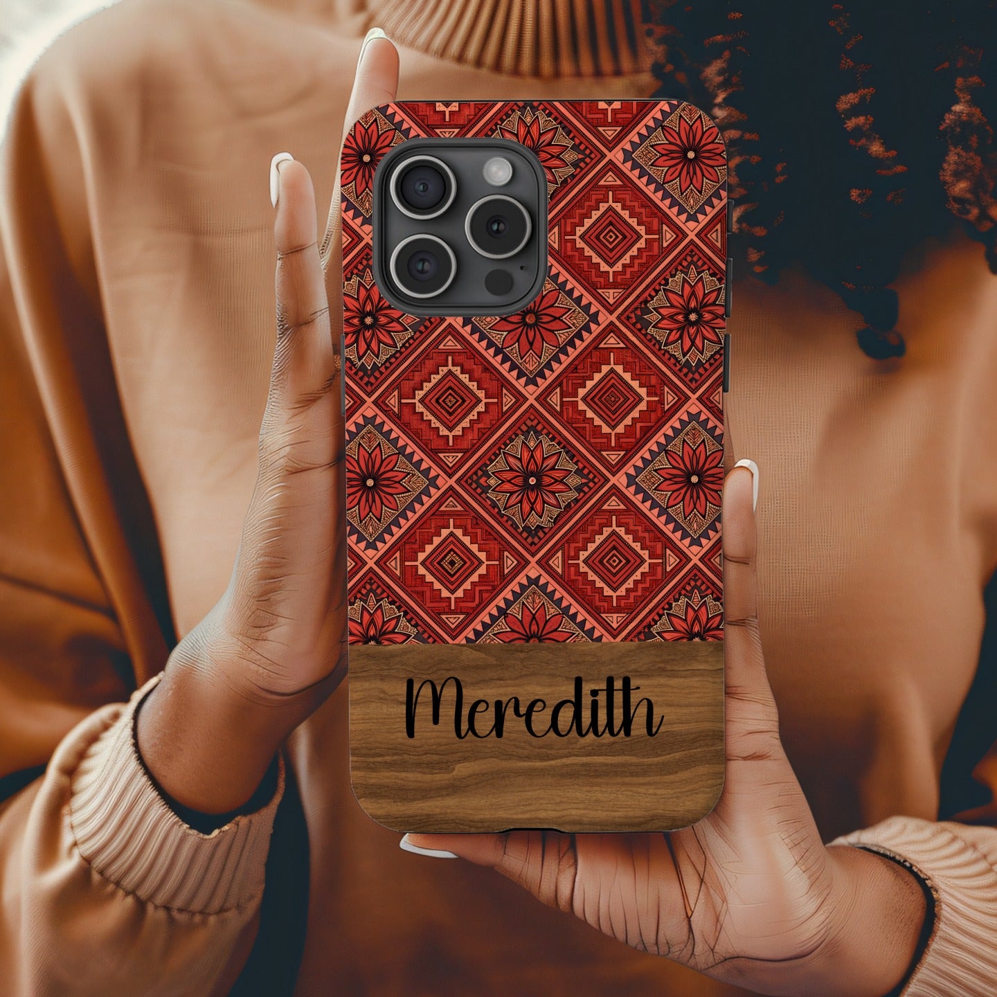 Floral Tiles in Orange Aztec Patterns With Custom Name Custom Phone Case - Walk Greener