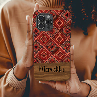 Floral Tiles in Orange Aztec Patterns With Custom Name Custom Phone Case - Walk Greener