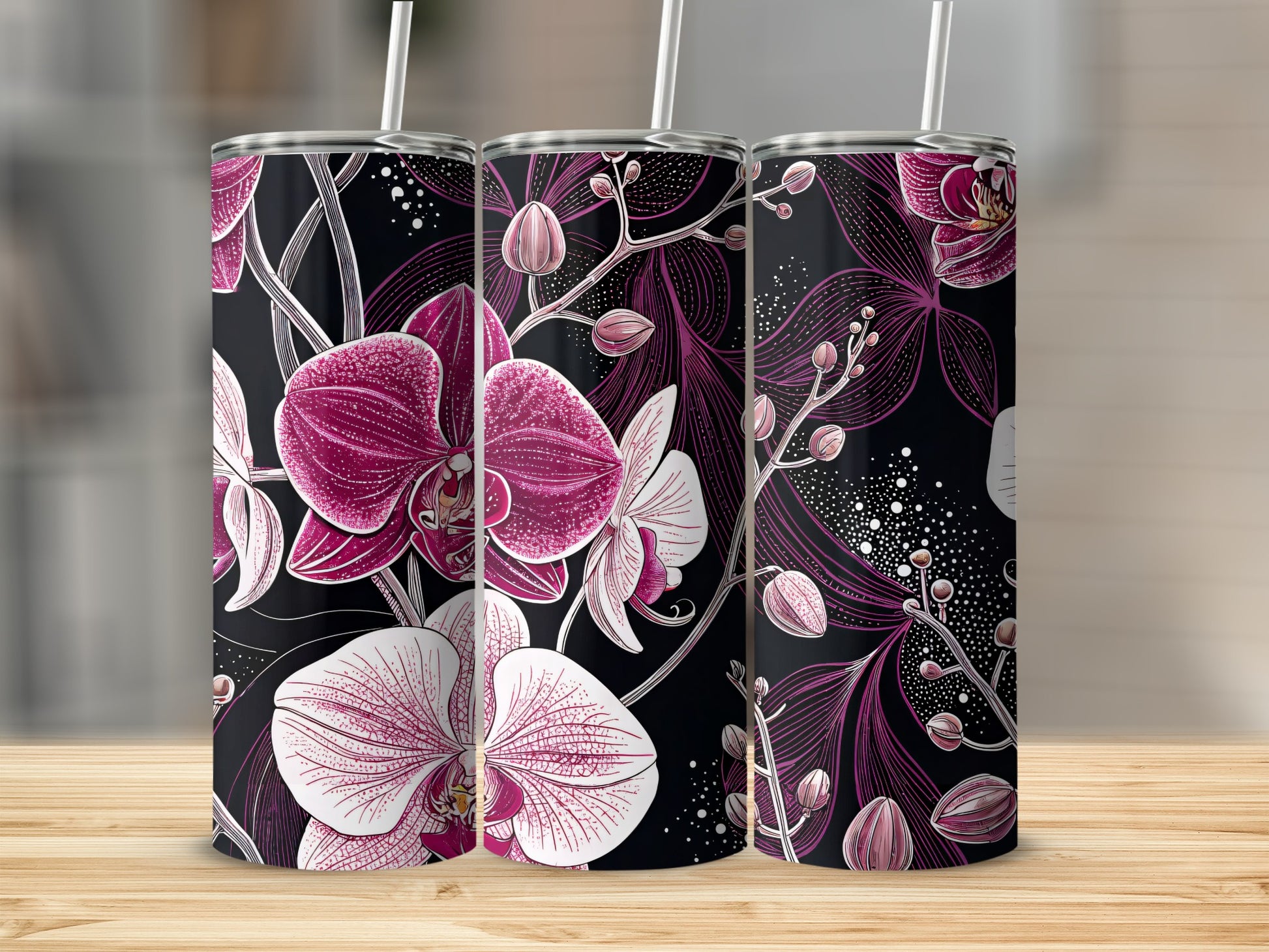 Elegant Black and Pink Orchid Design Tumbler