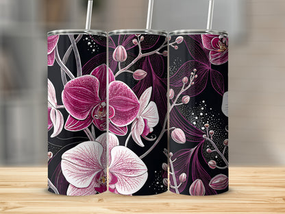 Elegant Black and Pink Orchid Design Tumbler
