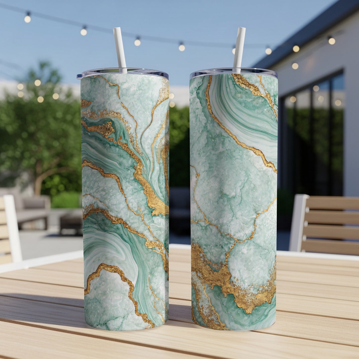 Green and Gold Marble Design Tumbler with Straw
