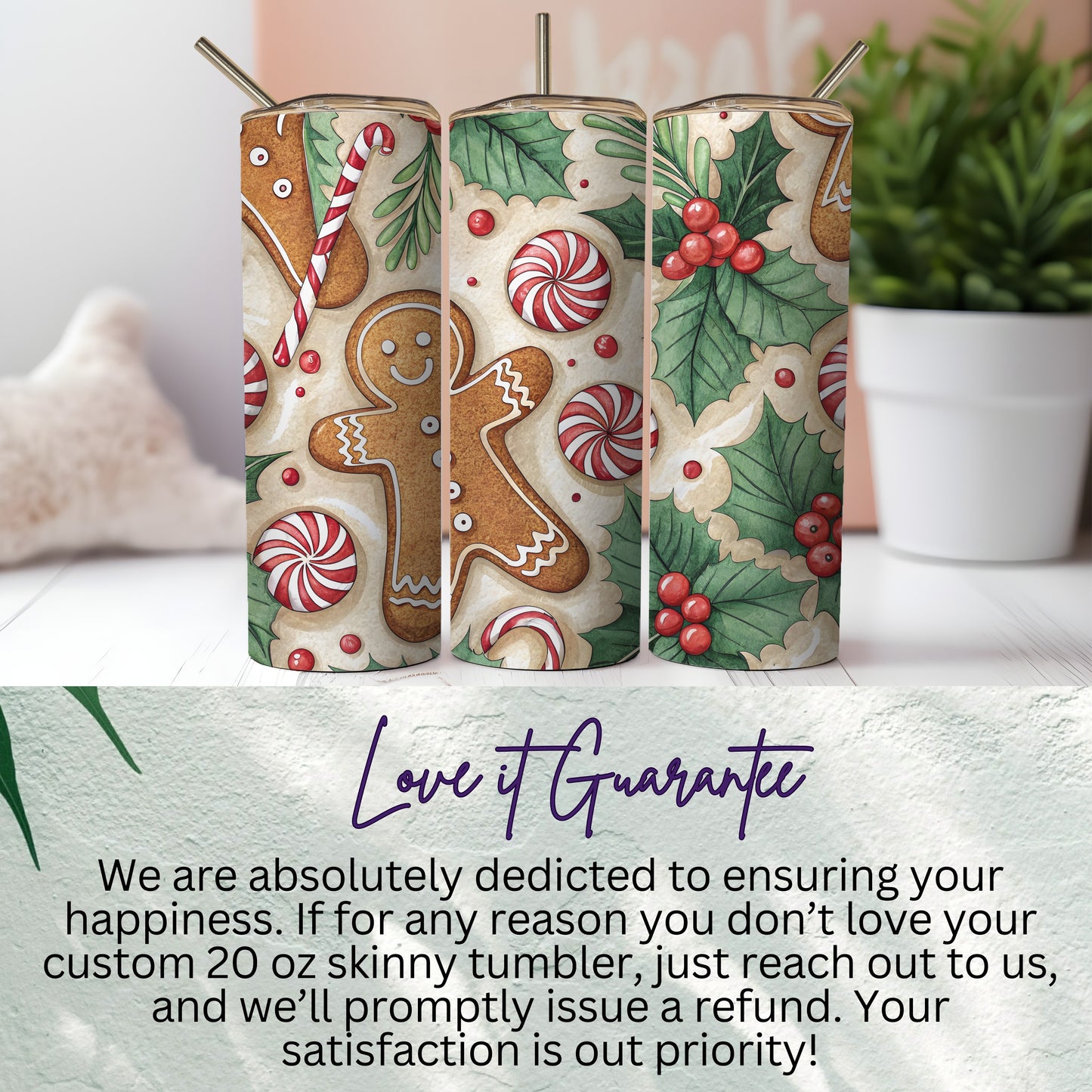 Festive Gingerbread and Holly 20 oz Skinny Tumbler