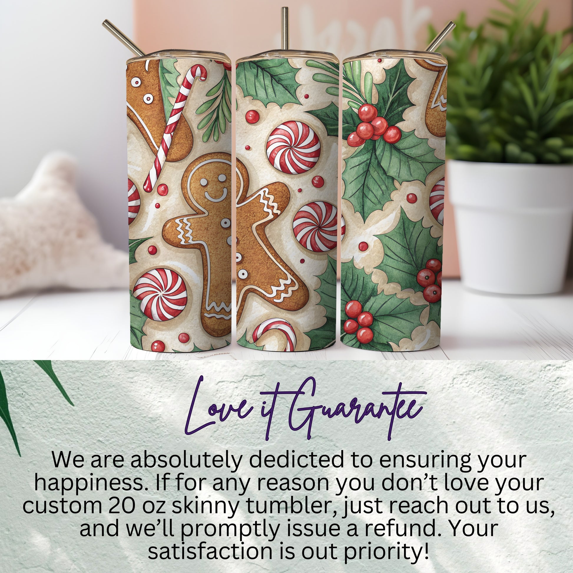 Festive Gingerbread and Holly 20 oz Skinny Tumbler