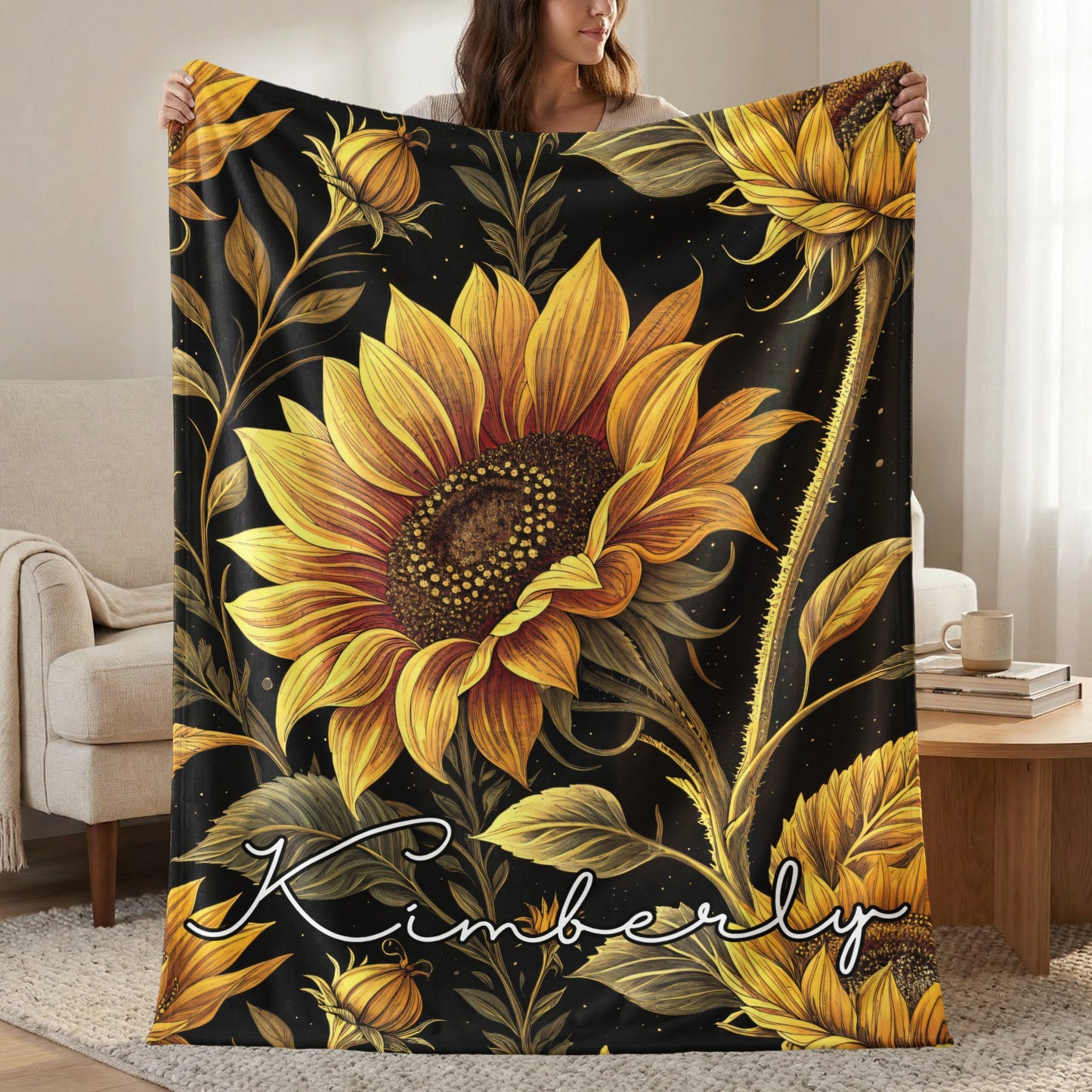 Sunflower Delight with Custom Name Unique Blankets - Walk Greener