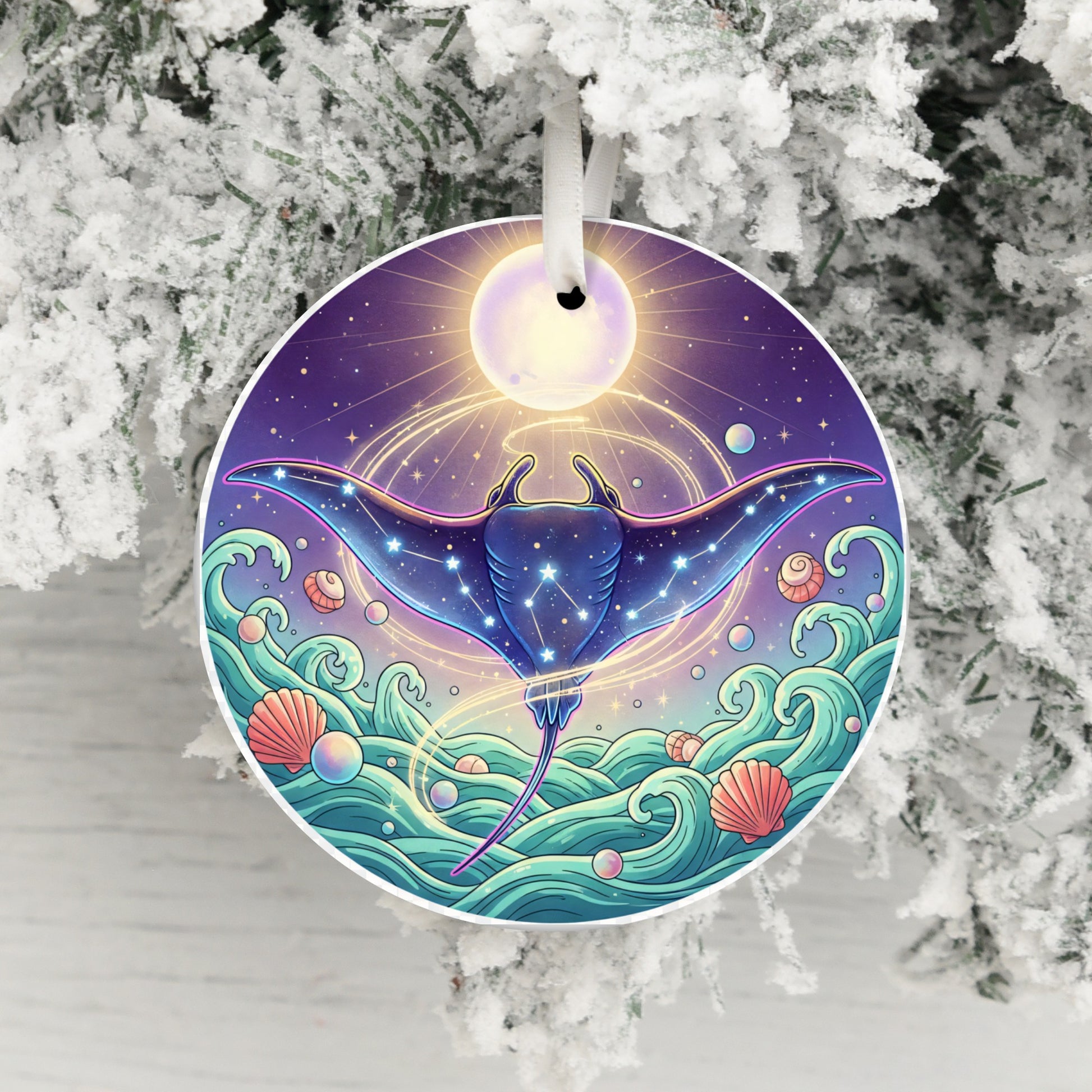 Manta Ray in Ocean Art Round Christmas Ornament product type