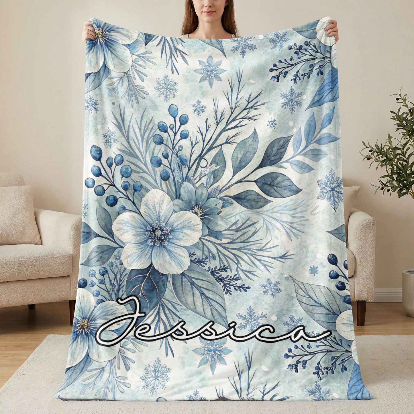 Personalized Floral Print Custom Name Blanket