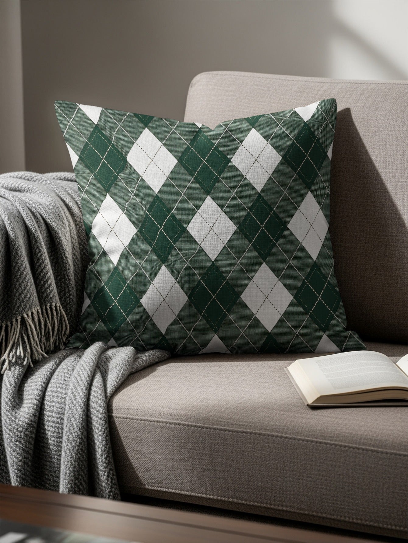 Green and White Argyle Pattern Decorative Pillow