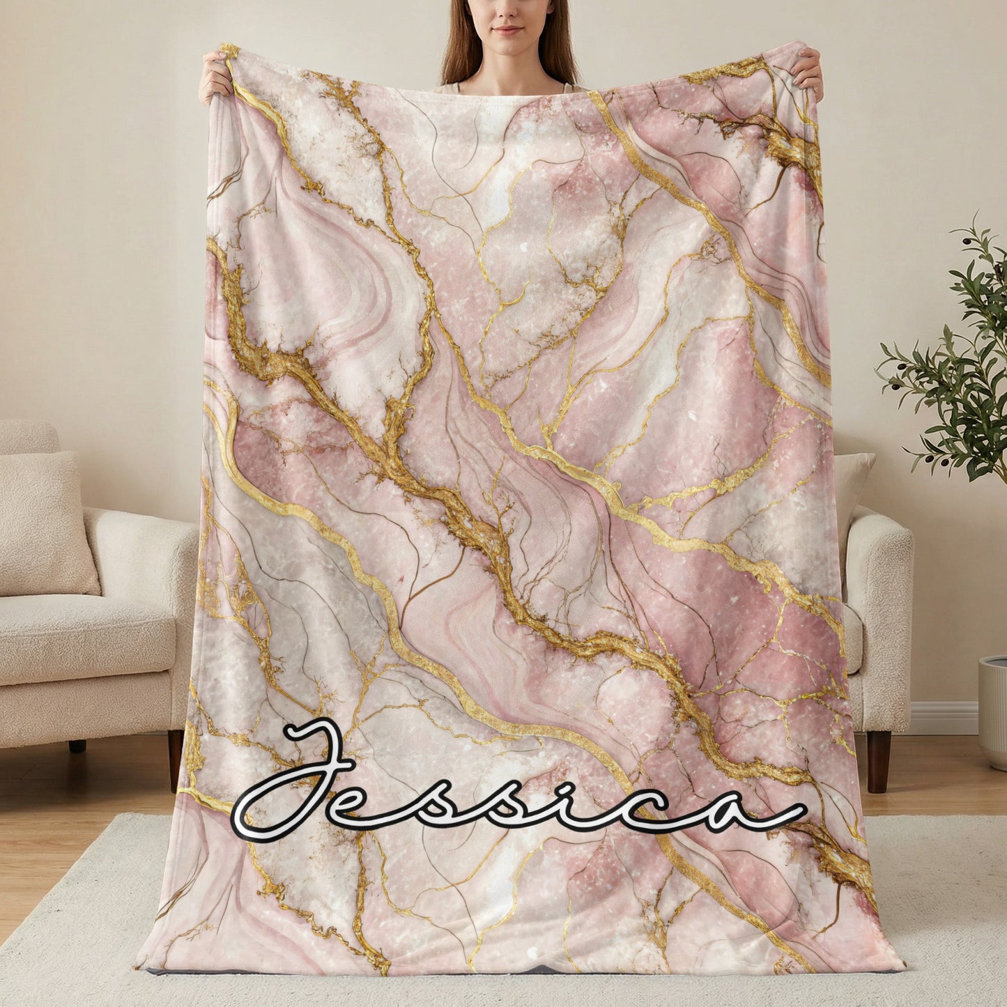 Pink Marble Design Personalized Jessica Blanket