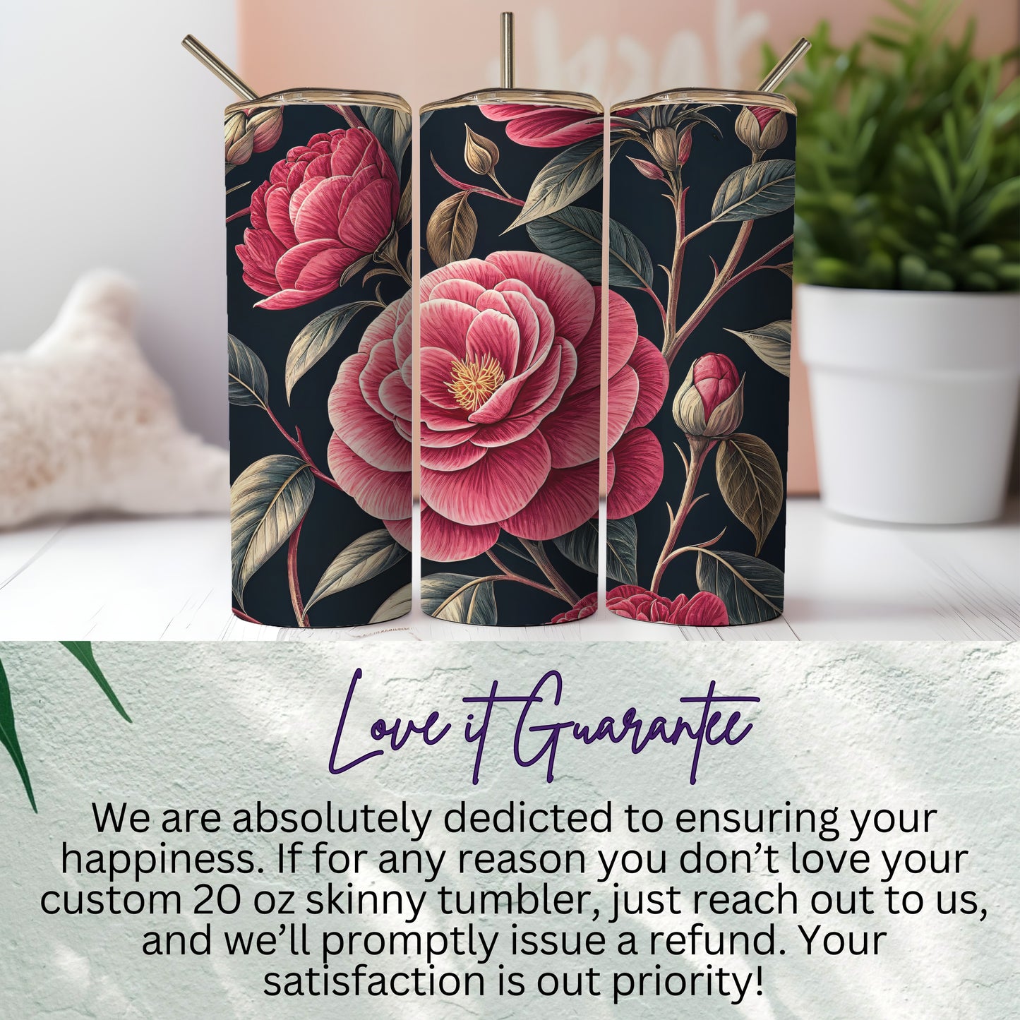 Custom 20 oz Skinny Tumbler With Red Floral Design
