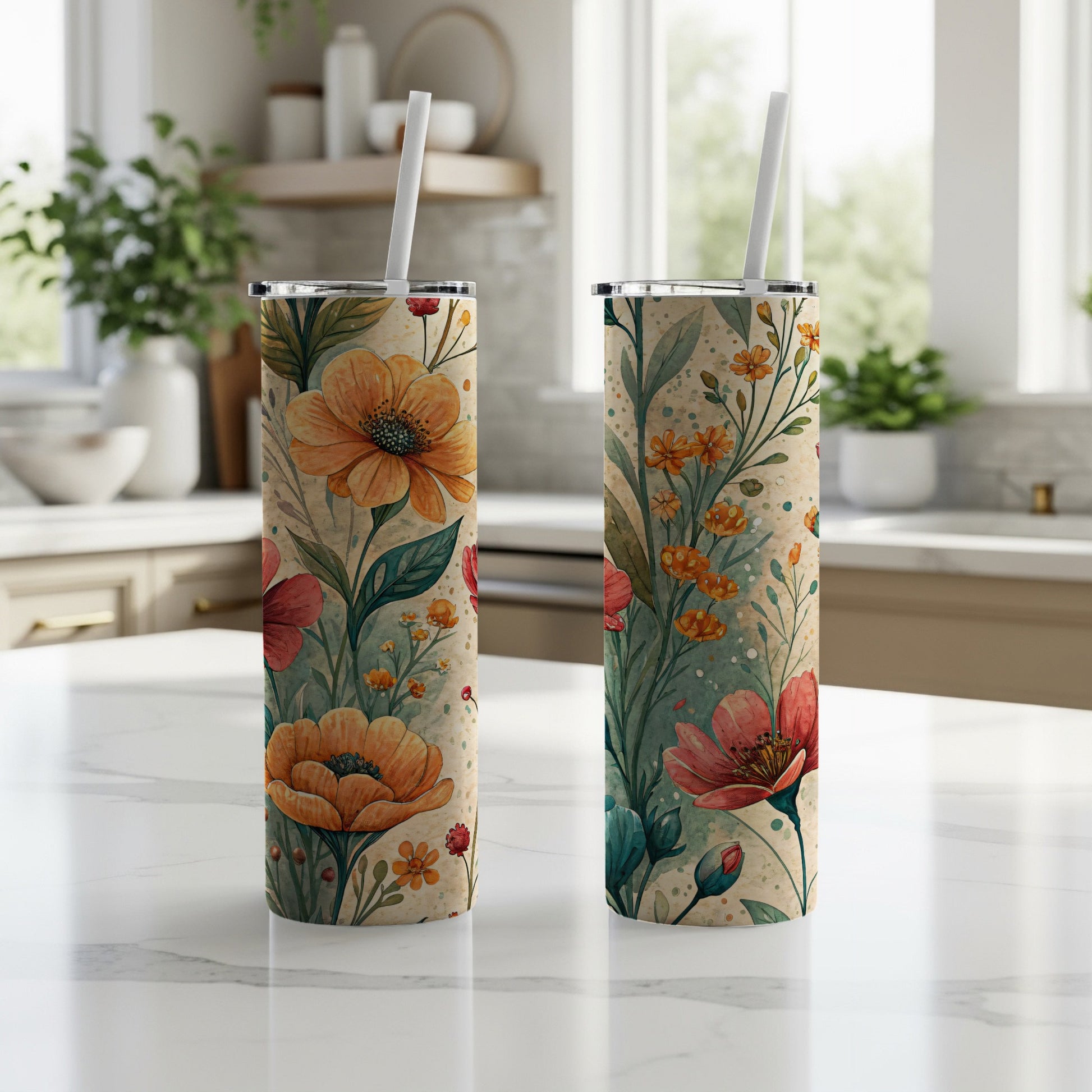 Watercolor Flower Bouquet Botanical Illustration for 20 oz Skinny Tumbler - Walk Greener