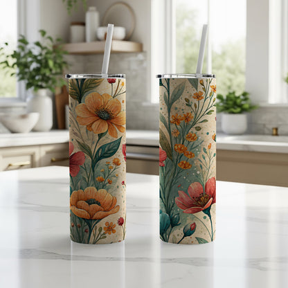 Watercolor Flower Bouquet Botanical Illustration for 20 oz Skinny Tumbler - Walk Greener