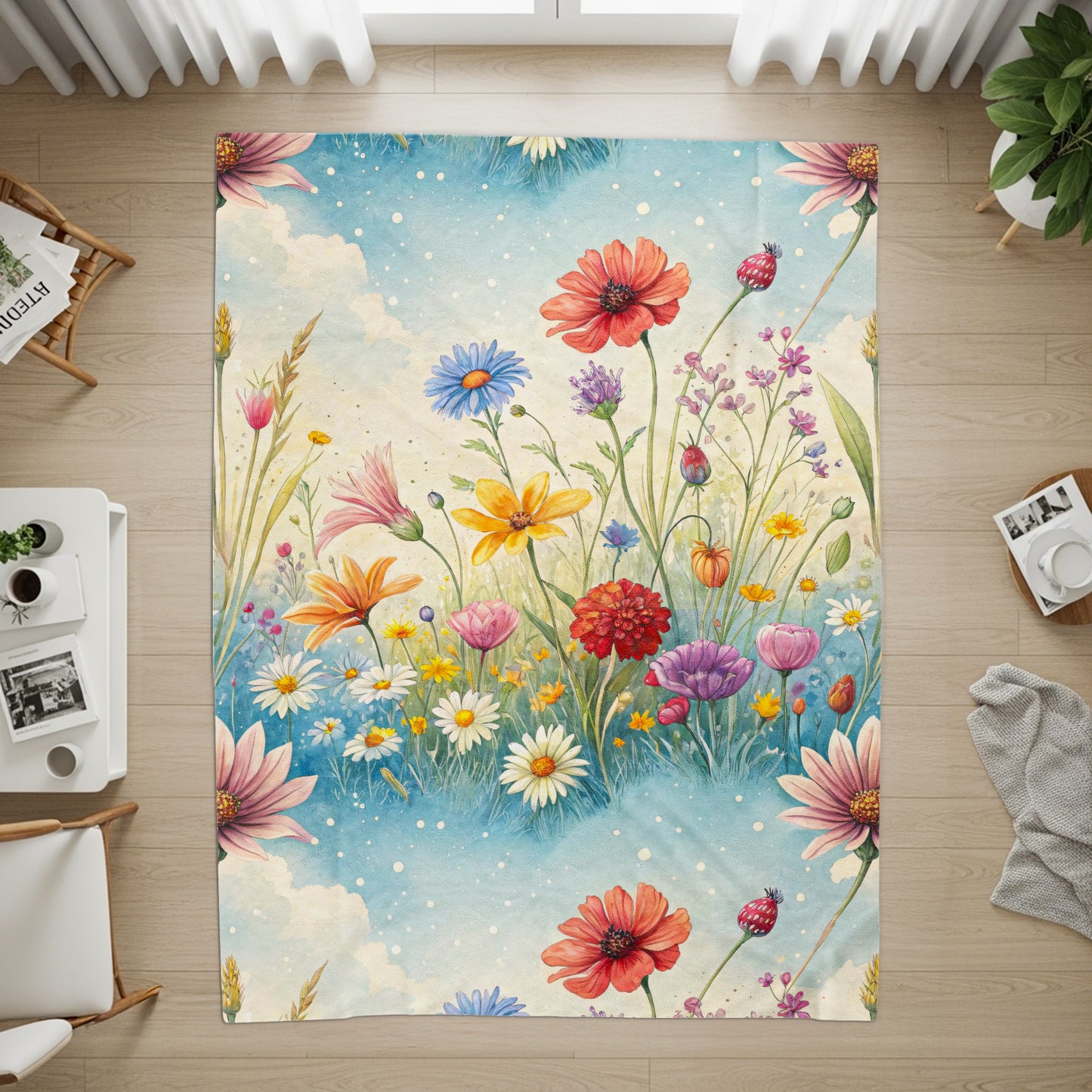 Watercolor Meadow in Sky With Flowers Velveteen Plush Blankets - Walk Greener