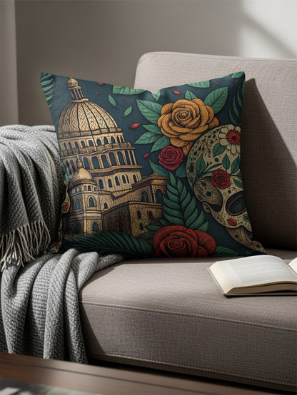 Colorful Cushion with Cathedral and Skull Art Pillow