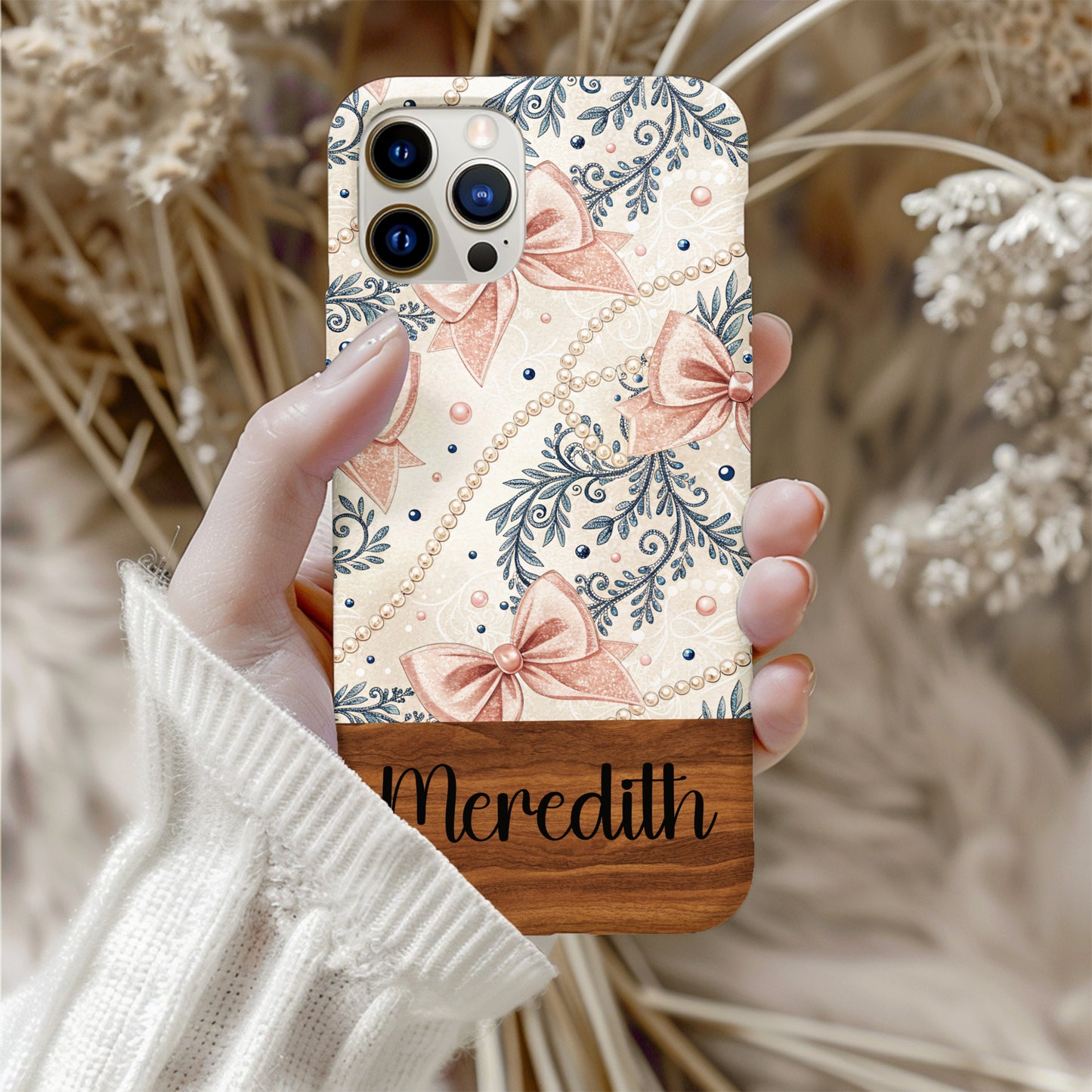 Floral Bow and Bead Pattern Personalized Phone Case