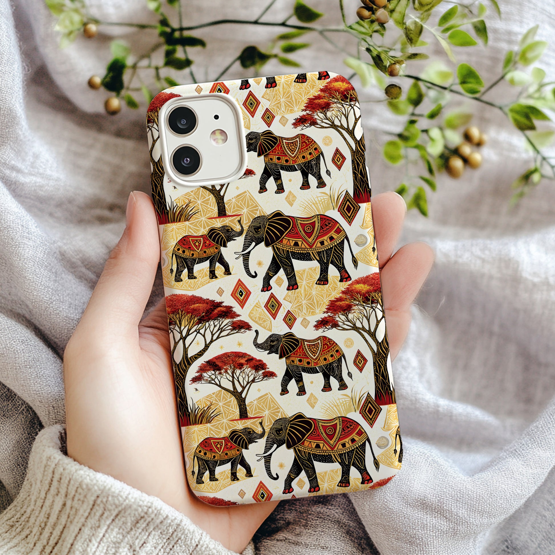 African Elephants Savannah Trees and Diamond Shapes Custom Phone Case - Walk Greener