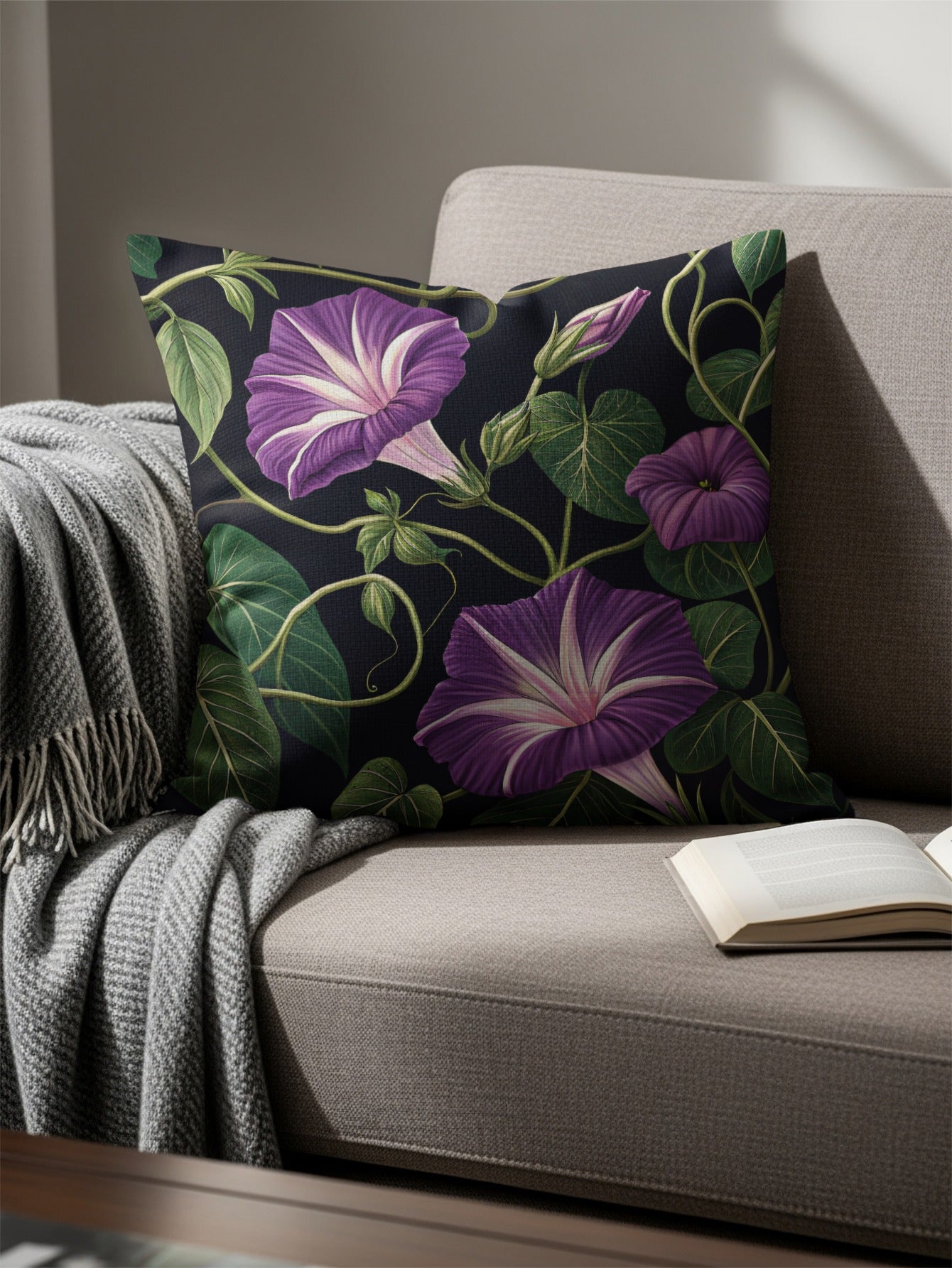 Detailed Purple Morning Glory Vine with Green Leaves Decorative Floral Throw Pillows - Walk Greener