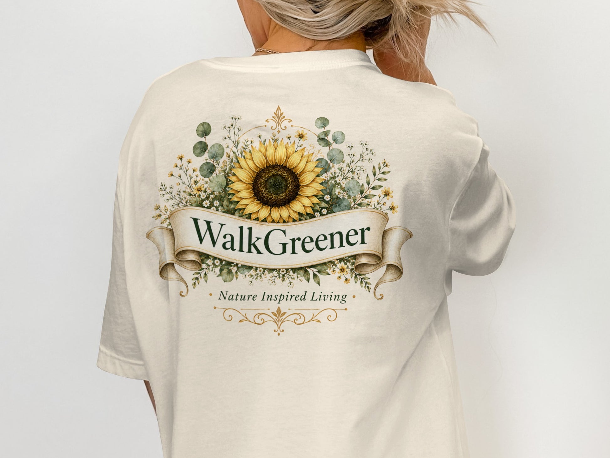 T-shirt with "WalkGreener" and "Nature Inspired Living" texts on floral sunflower graphic.
