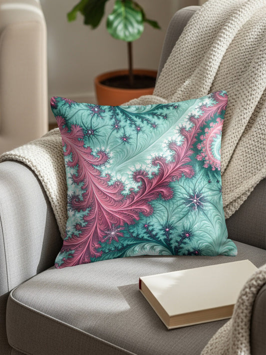 Decorative Pillow with Intricate Pink and Teal Patterns