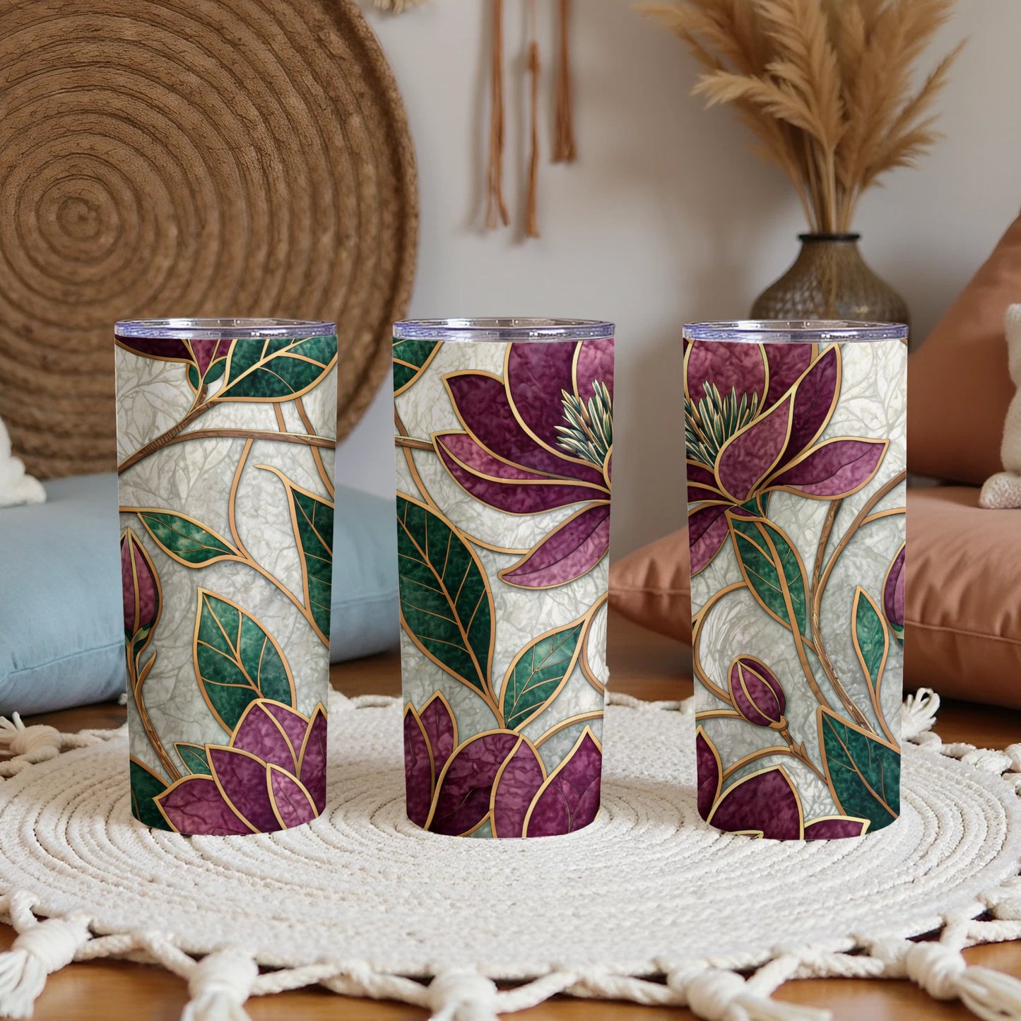 Magnolia Floral Green Leaves Burgundy Petals 20 oz Skinny Tumbler - Walk Greener