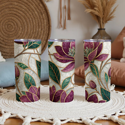 Magnolia Floral Green Leaves Burgundy Petals 20 oz Skinny Tumbler - Walk Greener
