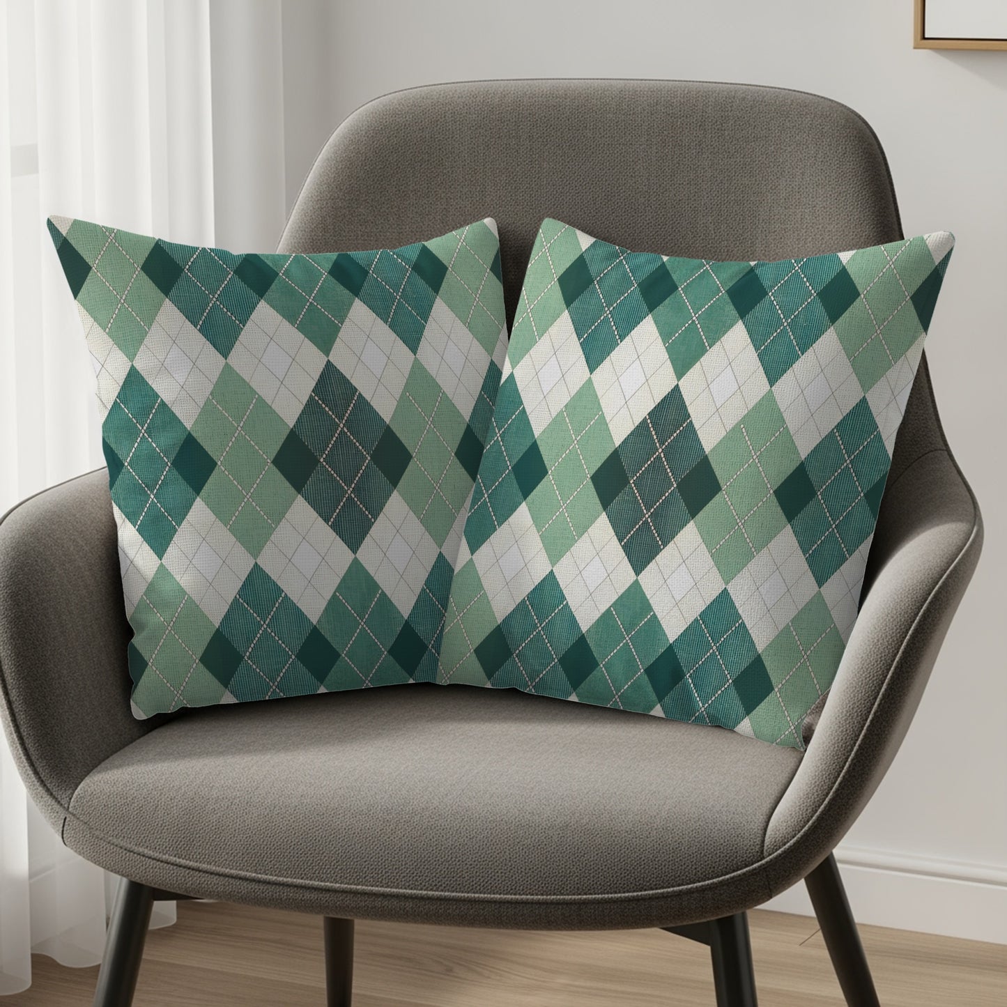 Green and White Argyle Pattern Throw Pillow Set