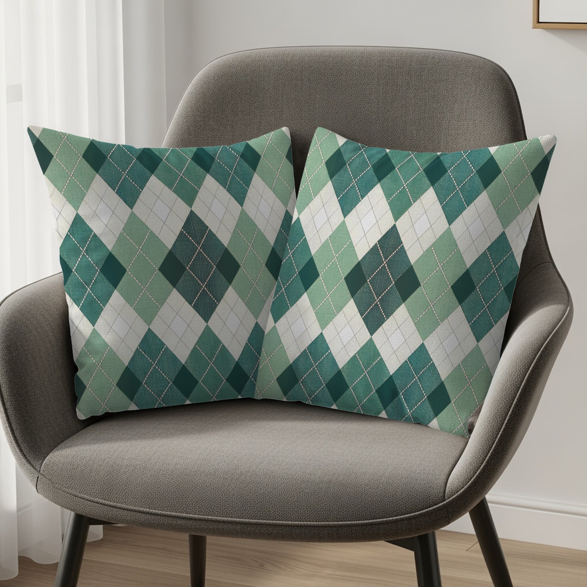 Green and White Argyle Pattern Throw Pillow Set