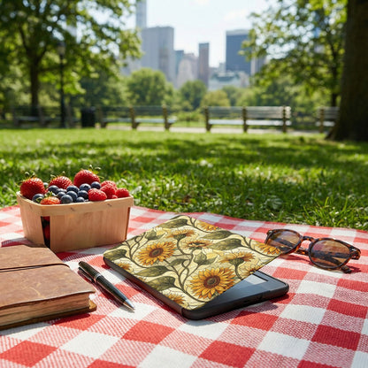Sunflower Design E-Reader Cover on Picnic Blanket