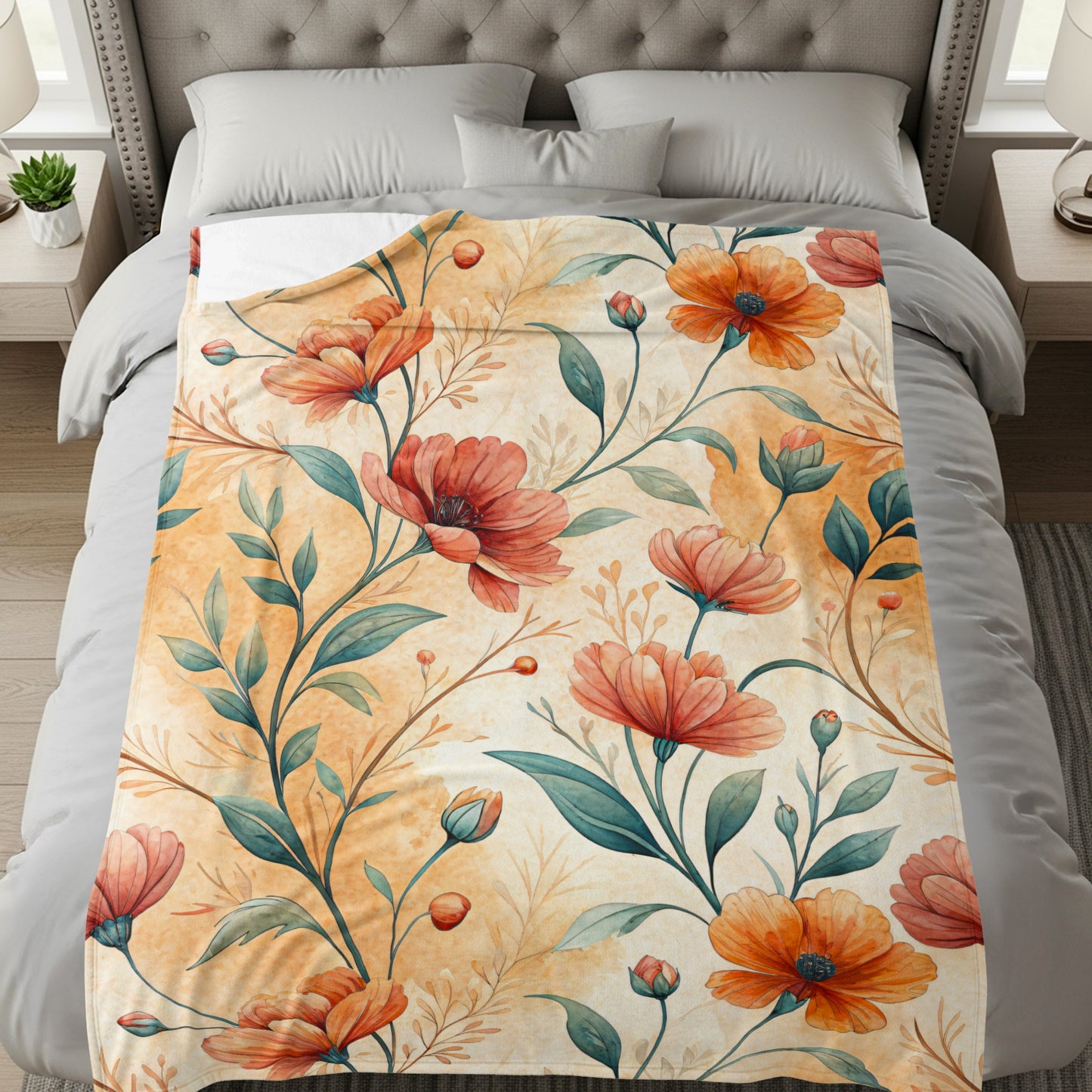 Elegant Orange Flowers Buds With Green Leaves Pattern - Walk Greener
