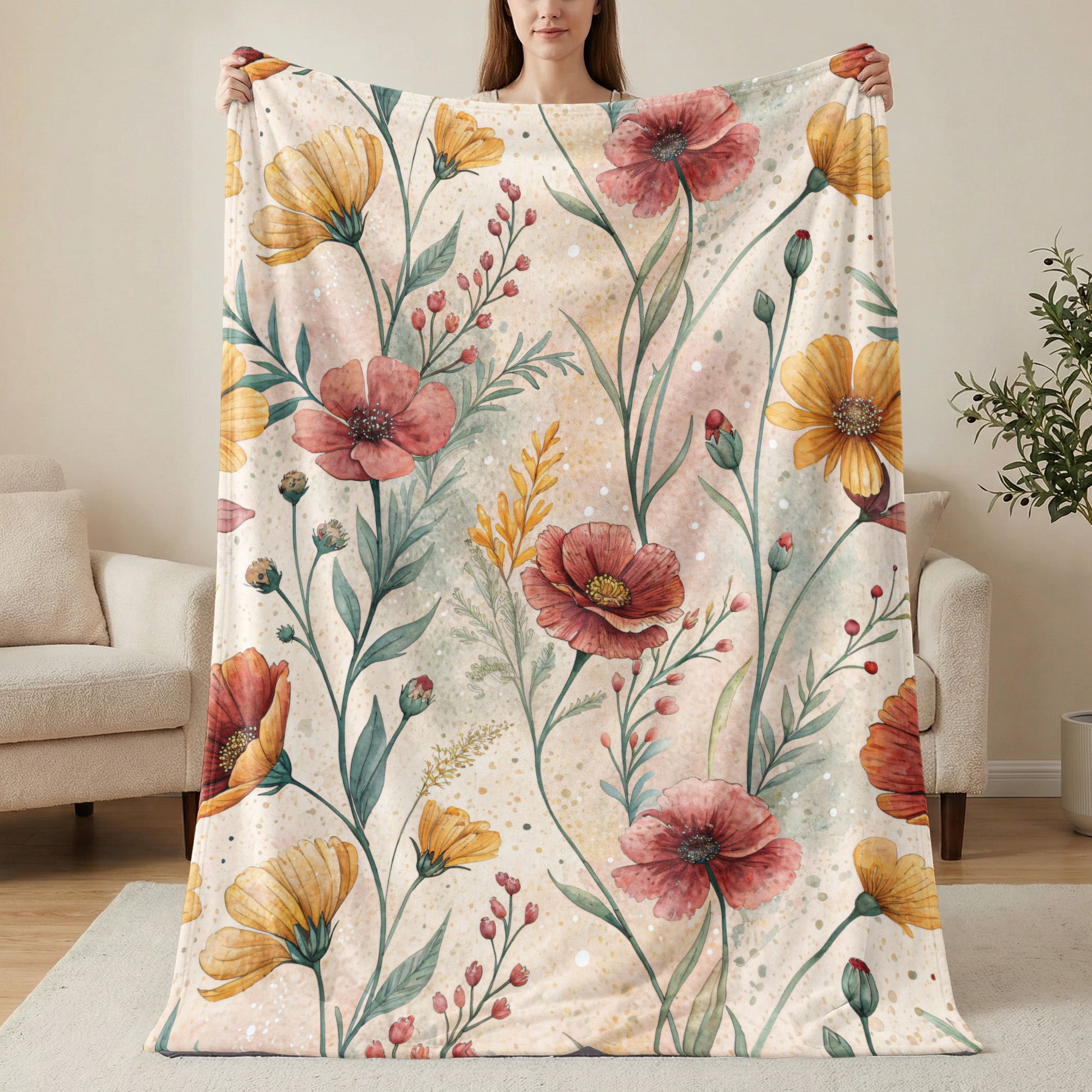 Watercolor Floral Pattern Design Red And Yellow Flowers Velveteen Plush Blankets - Walk Greener