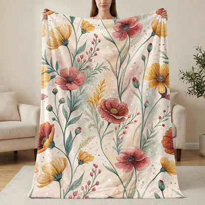 Watercolor Floral Pattern Design Red And Yellow Flowers Velveteen Plush Blankets - Walk Greener