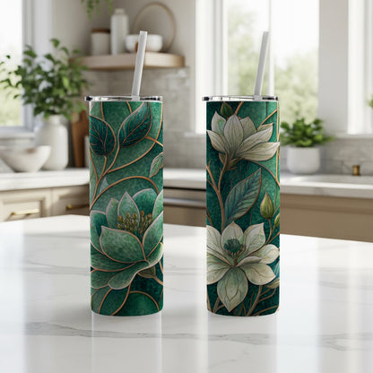 Blooming Magnolias on Emerald Background 20 oz Skinny Tumbler - Walk Greener