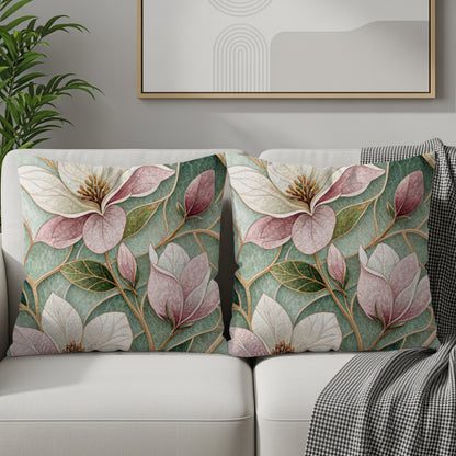 Magnolia Bloom Art Nouveau Stained Glass Pattern Throw Pillows - Walk Greener