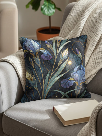 Elegant Iris Floral Pattern in Blue and Gold Throw Pillows - Walk Greener