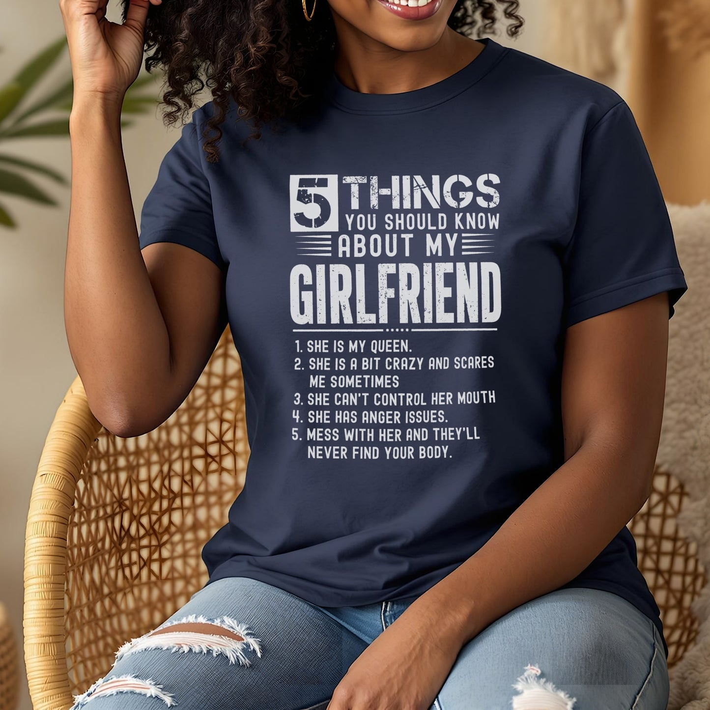 Navy t-shirt with white text listing five things to know about "My Girlfriend."