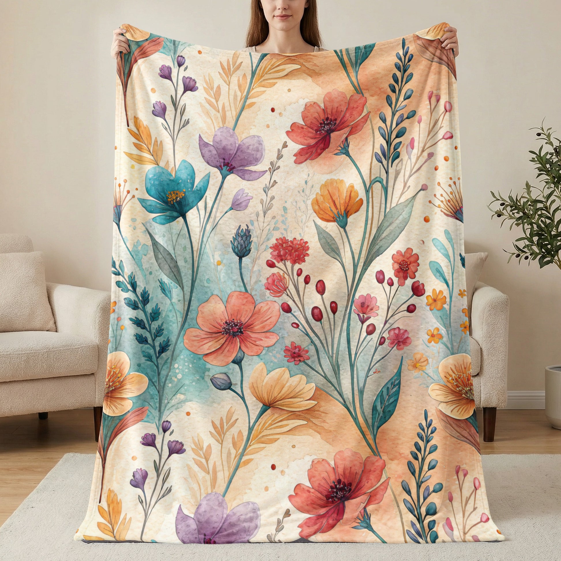 Watercolor Flower Garden Floral Art Velveteen Plush Blankets - Walk Greener