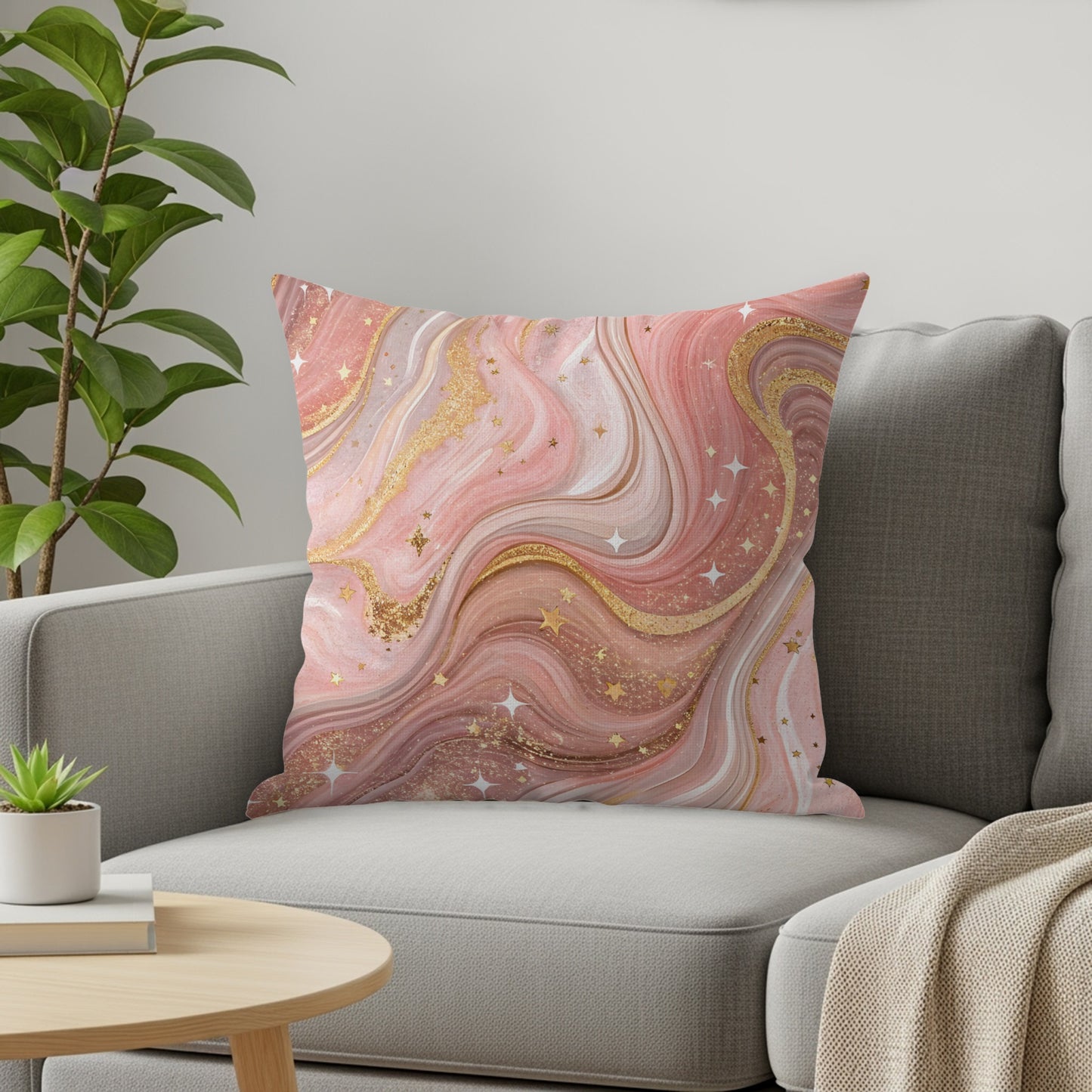 Elegant Pink and Gold Abstract Decorative Cushion