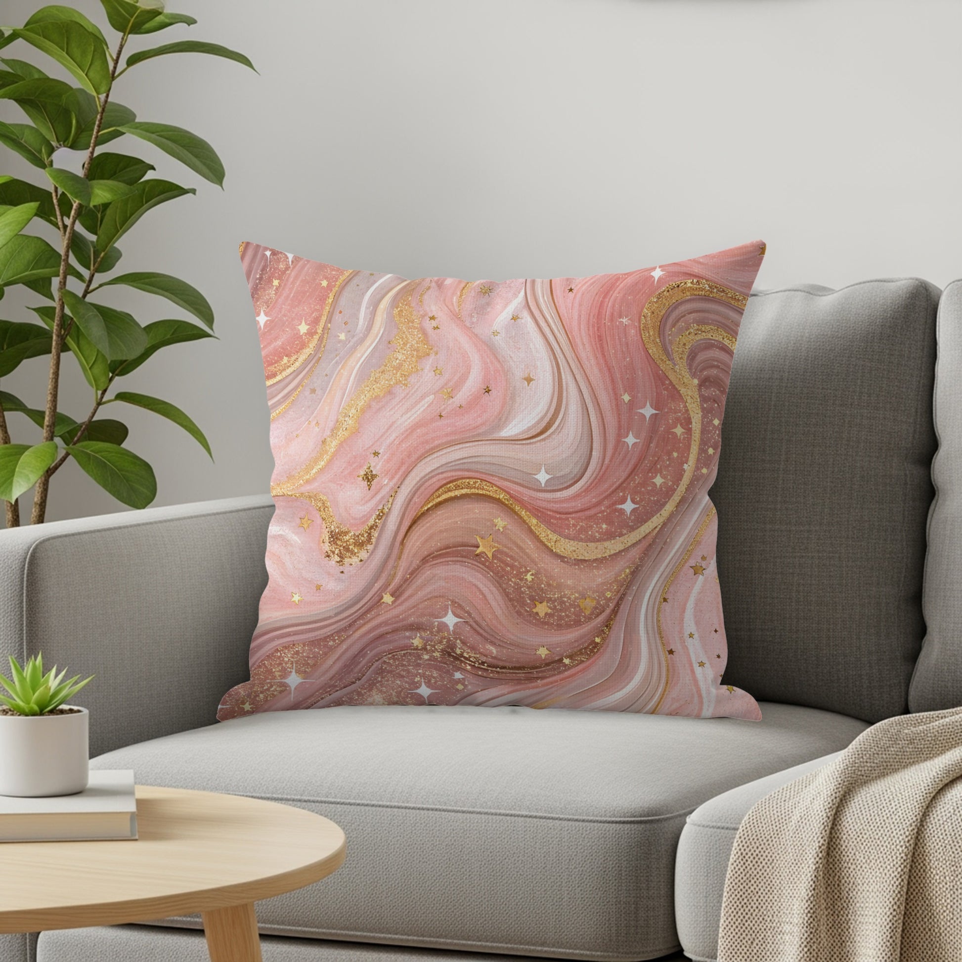 Elegant Pink and Gold Abstract Decorative Cushion