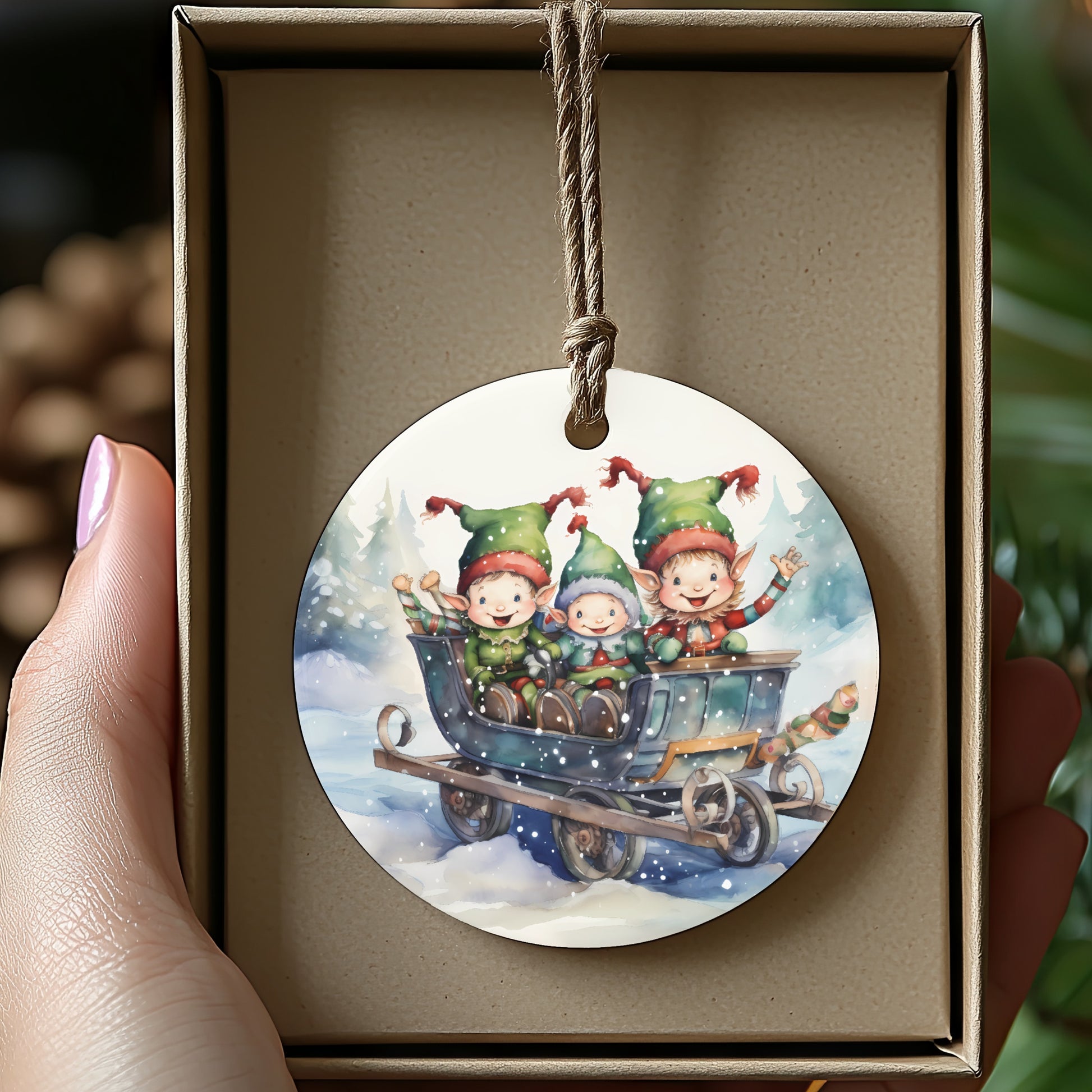 Festive Elves on a Sleigh Ceramic Holiday Ornament product type