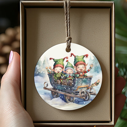 Festive Elves on a Sleigh Ceramic Holiday Ornament product type