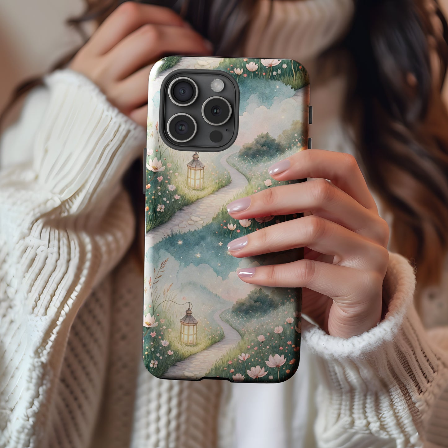 Floral Pathway Lamp Post Scenery with Custom Name Custom Phone Case - Walk Greener