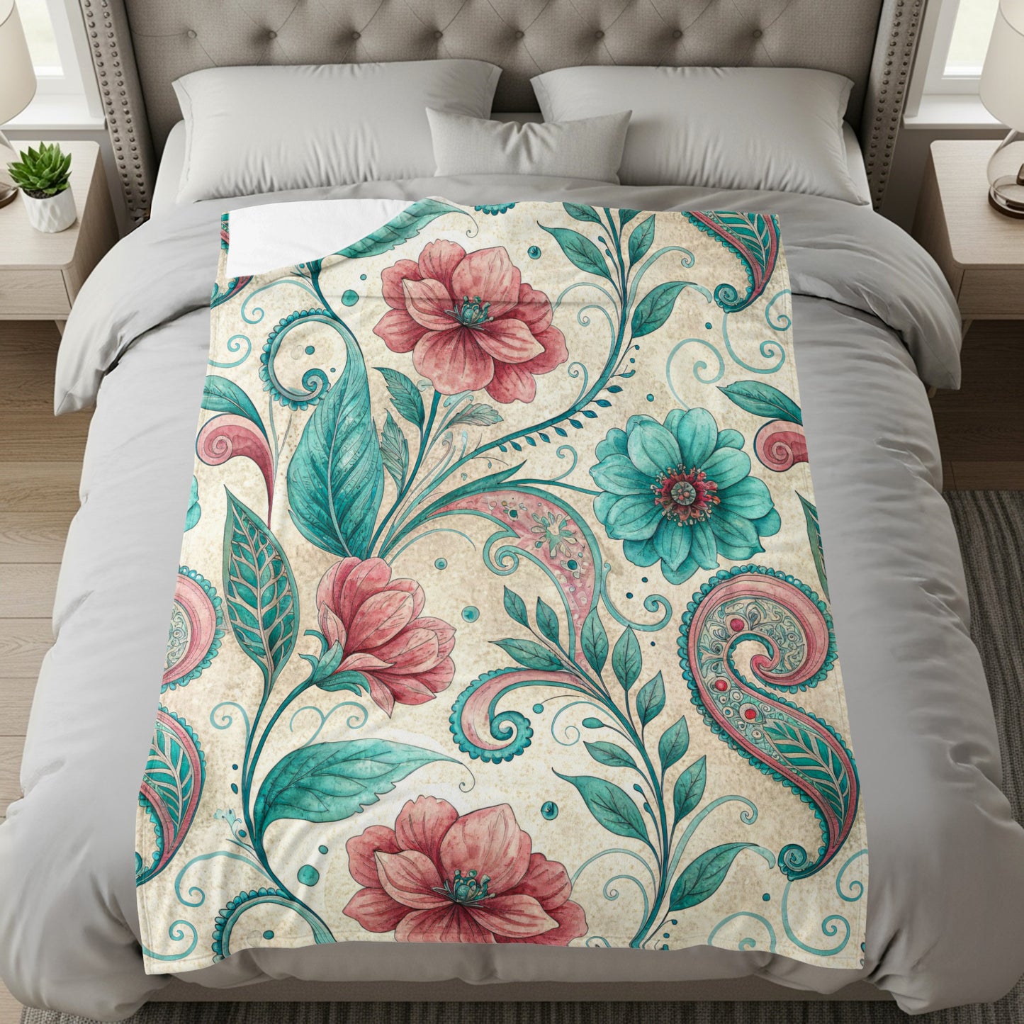 Floral Paisleys in Pink and Teal Watercolor Style Art - Walk Greener