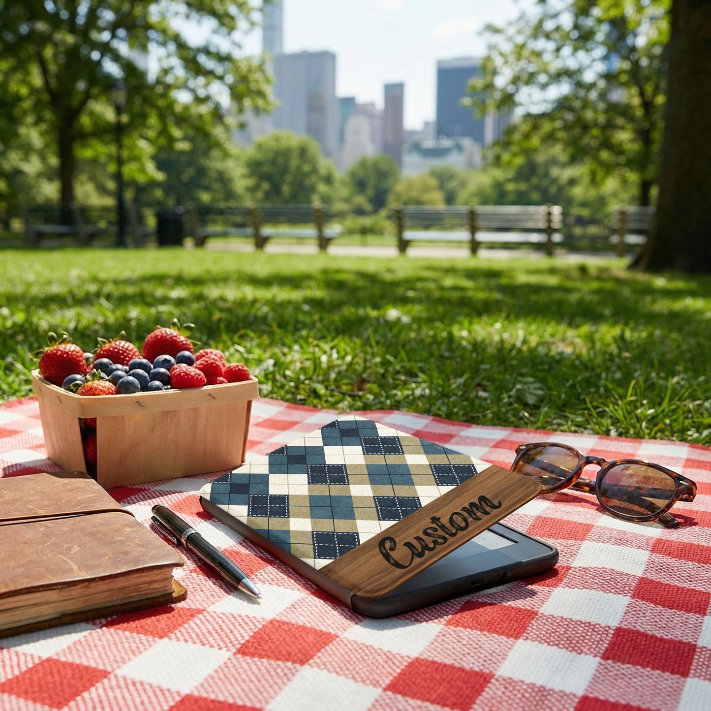 Custom Plaid Design Tablet Case at Outdoor Picnic Scene