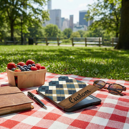 Custom Plaid Design Tablet Case at Outdoor Picnic Scene