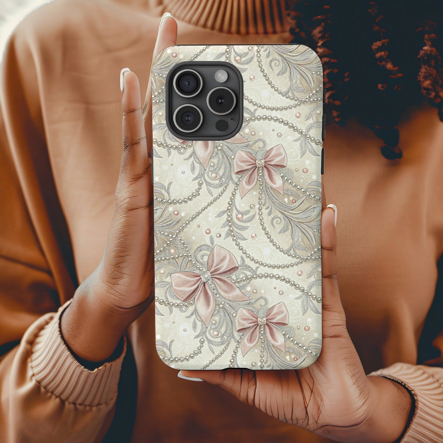 Elegant Bow and Pearl Pattern Phone Case Design