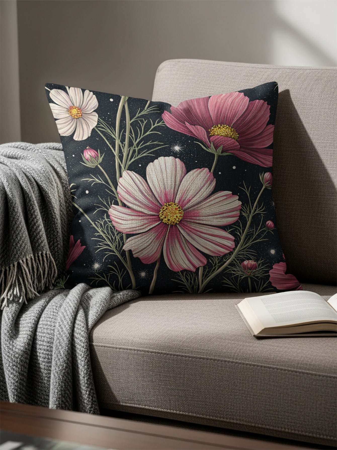 Pink Flowers In The Starlight Decorative Floral Throw Pillows - Walk Greener