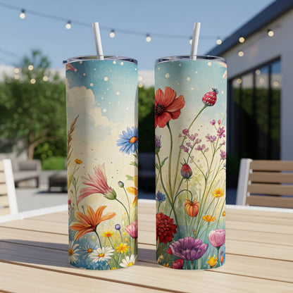 Watercolor Floral Field Design Perfect for 20 oz Skinny Tumbler - Walk Greener